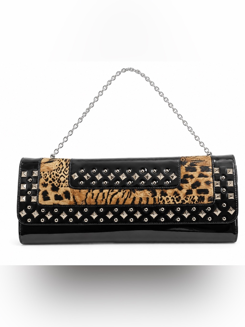 Jessica McClintock Black Leopard Studded Chain Clutch Bag Y2K
